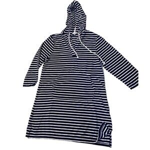 Lands' End 18 Terry Hooded Swimsuit Cover up Size S Small Blue Strip